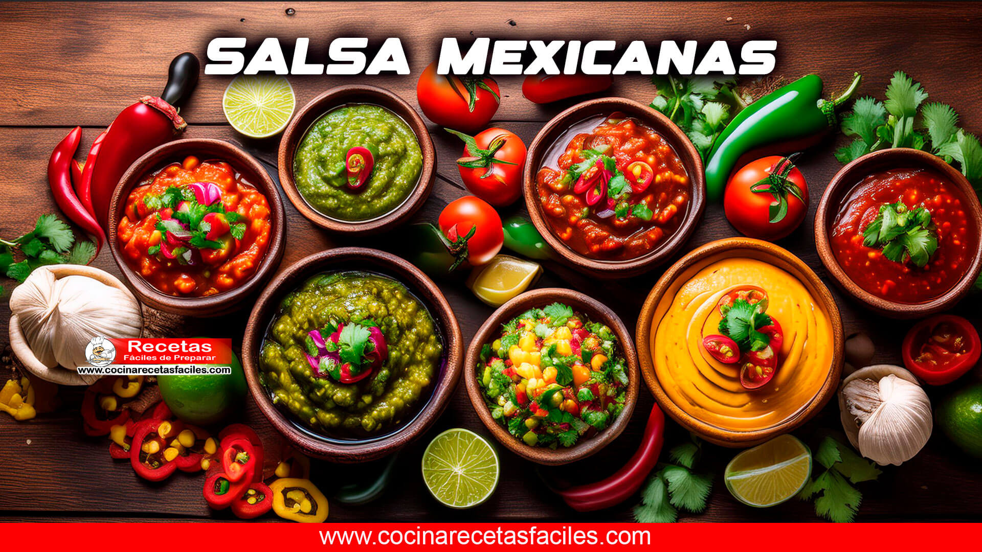 "Variedad de salsas mexicanas en tazones de barro, incluyendo salsa verde, salsa roja y mole, acompañadas de ingredientes frescos como tomates, cilantro y chiles."