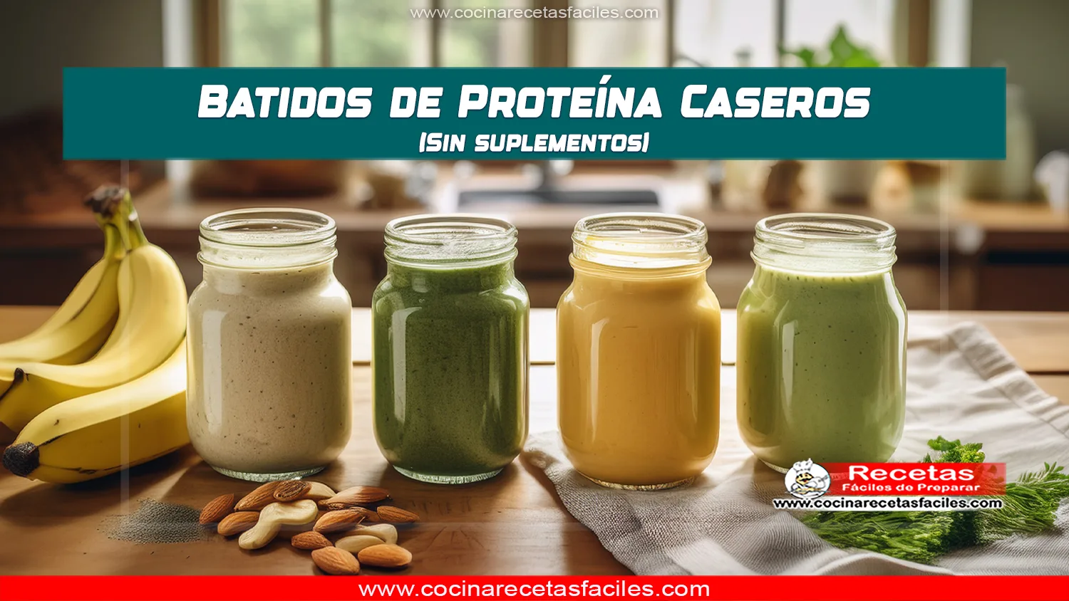 Batidos de proteína caseros con ingredientes naturales en una cocina acogedora.