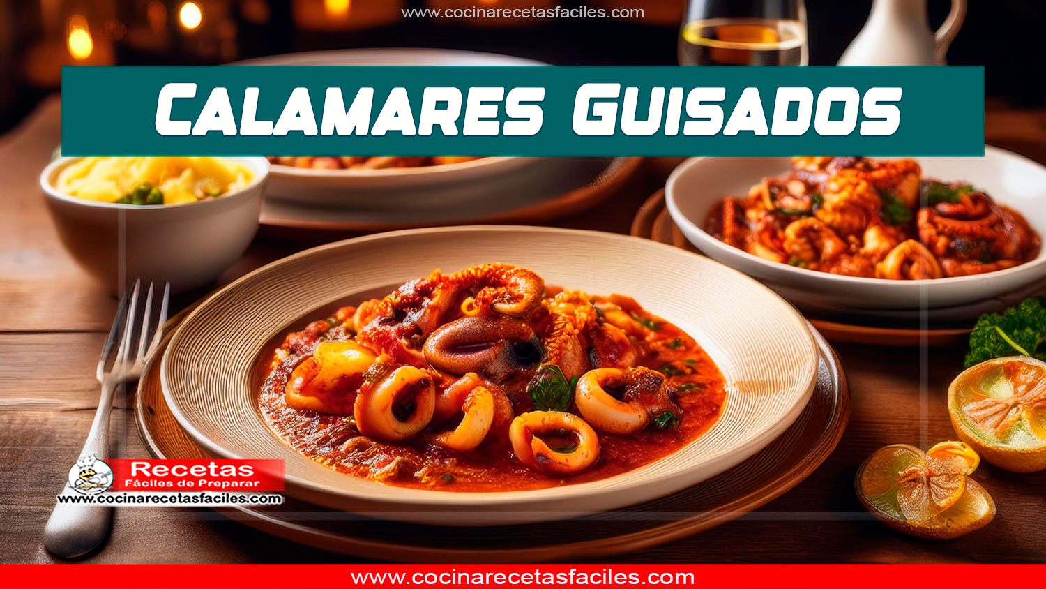 Platos de calamares guisados en diferentes salsas, con pan rústico y hierbas frescas, servidos en una mesa de madera dentro de una cocina acogedora