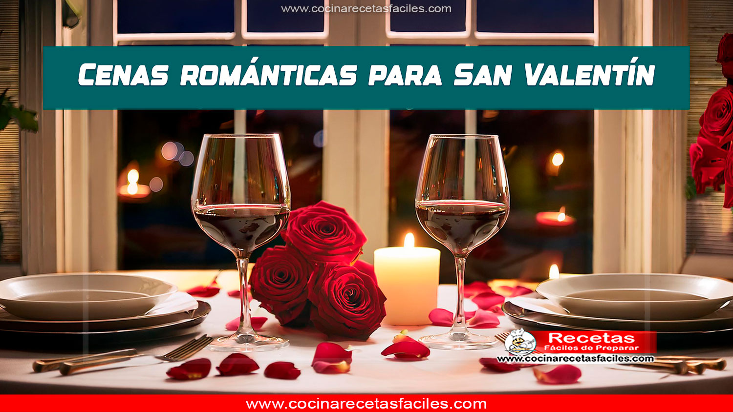 Mesa romántica para dos con velas, vino y pétalos de rosa para San Valentín.