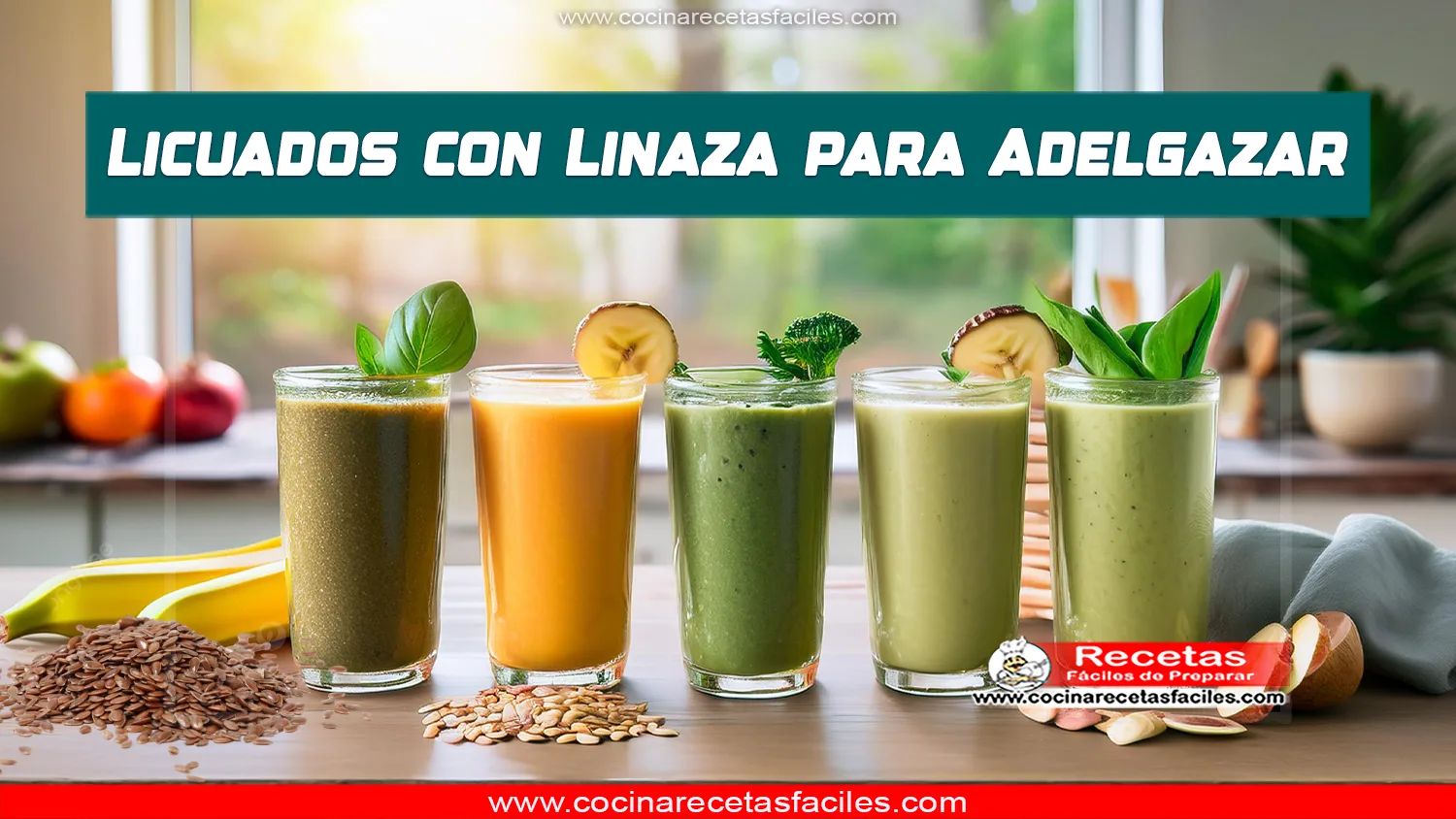Licuados con linaza para adelgazar servidos en vasos de vidrio con ingredientes frescos en una cocina acogedora