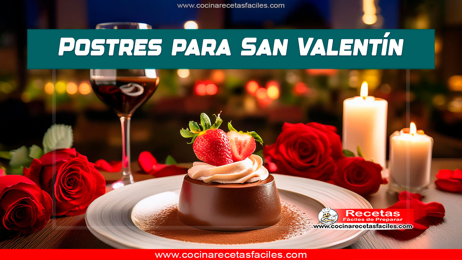 Mousse de chocolate con fresas frescas y crema batida para San Valentín.