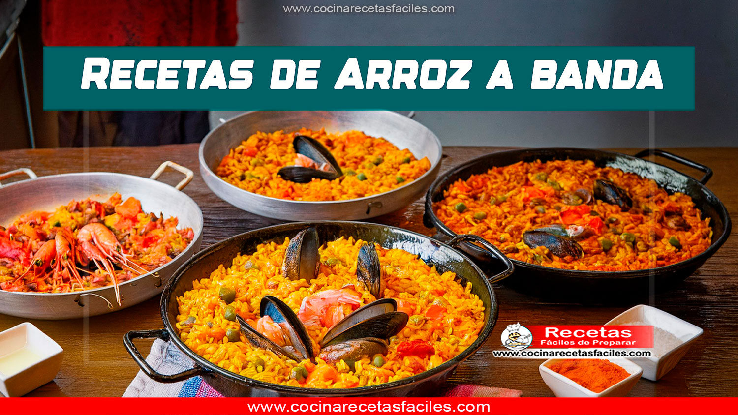Tres platos de arroz a banda con mariscos, alioli y ñoras en una mesa rústica.