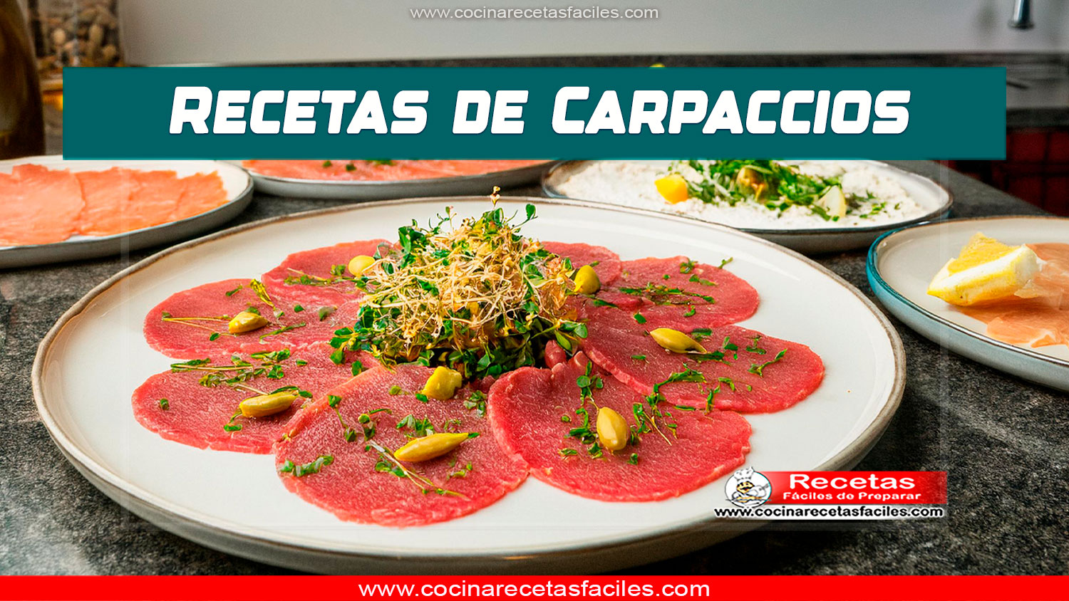 Platos variados de carpaccio con ingredientes frescos y coloridos en una mesa rústica