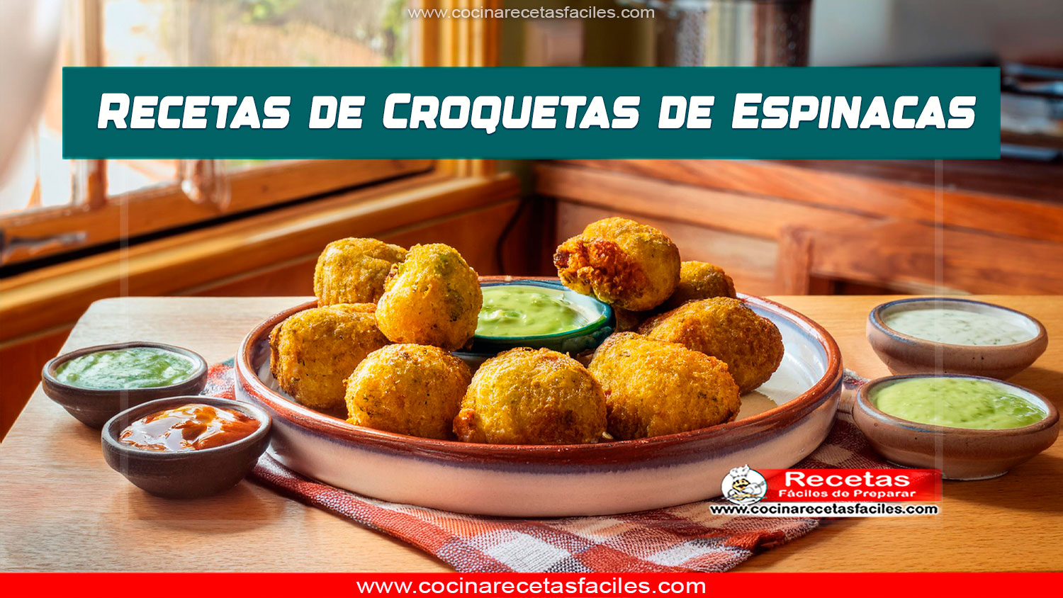 Croquetas de espinacas doradas y crujientes con interior cremoso, acompañadas de salsas y queso rallado en una mesa rústica