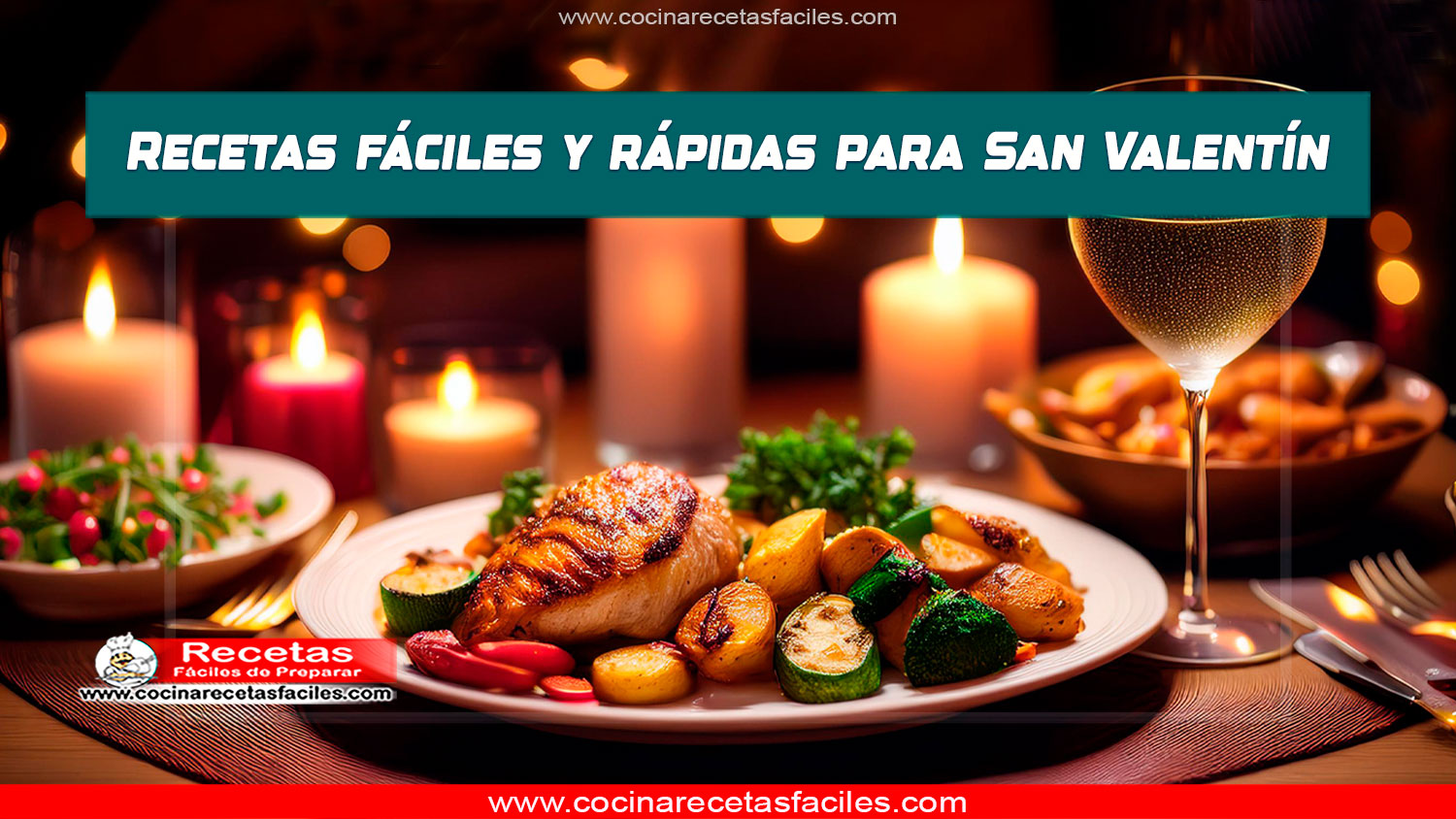 Mesa romántica para San Valentín con filete de pollo, ensalada fresca y copa de vino, rodeada de velas.