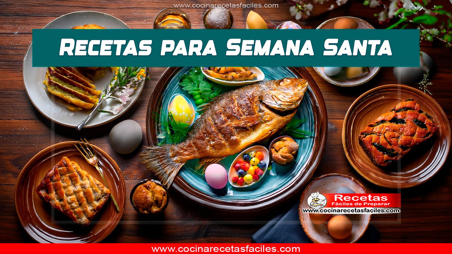 Platos tradicionales de Semana Santa: pescado a la plancha, torrijas, huevos de Pascua y monas de Pascua sobre una mesa de madera
