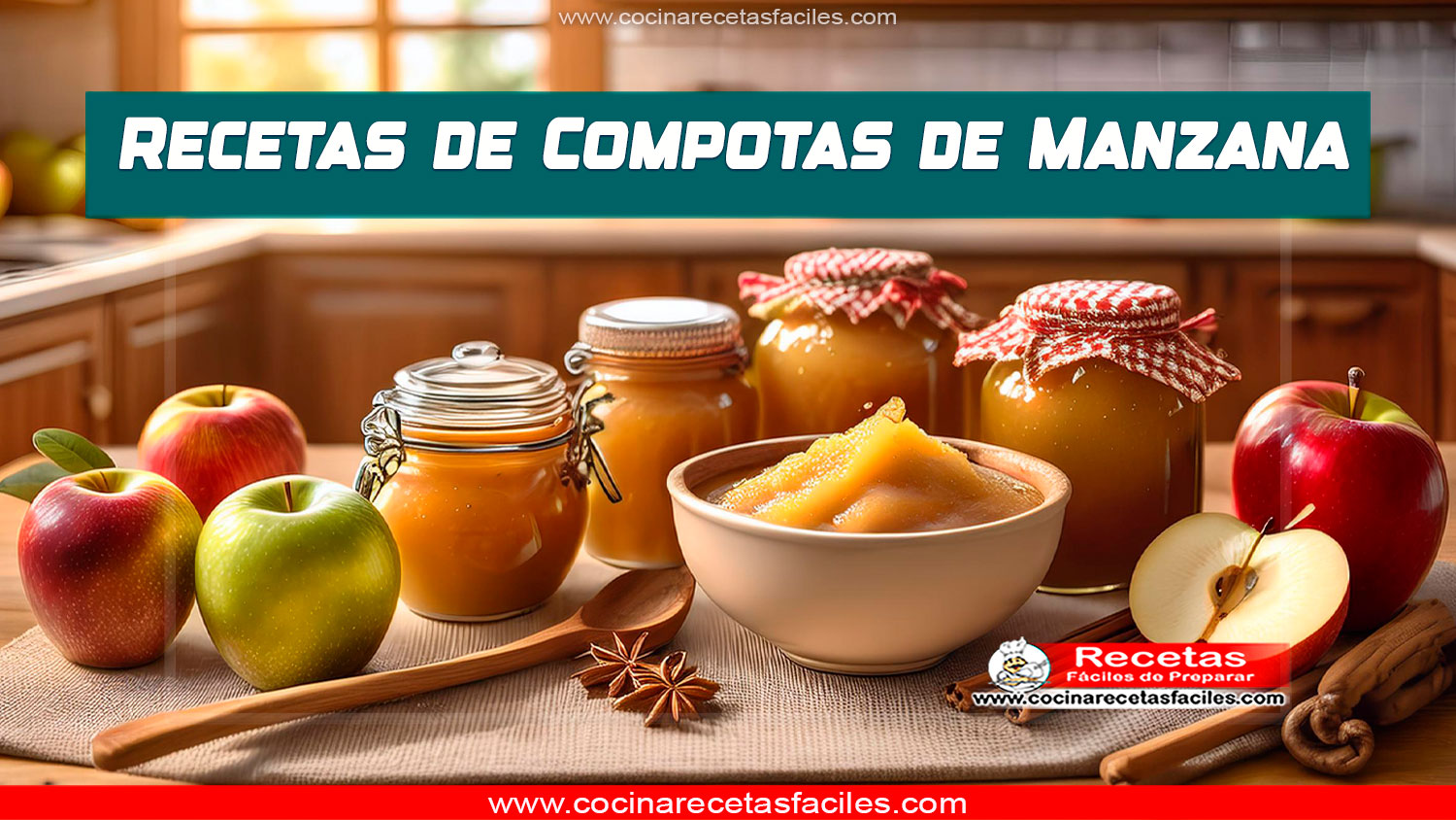 Variedad de compotas de manzana en frascos y tazones sobre una mesa rústica