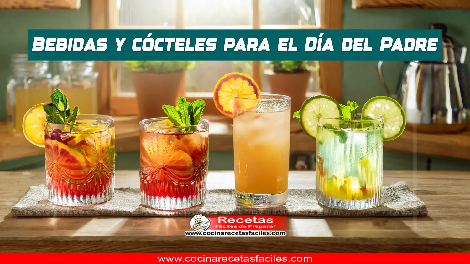 Bebidas y cócteles para el Día del Padre: Old Fashioned, mojito, limonada casera y café espresso sobre una mesa festiva.
