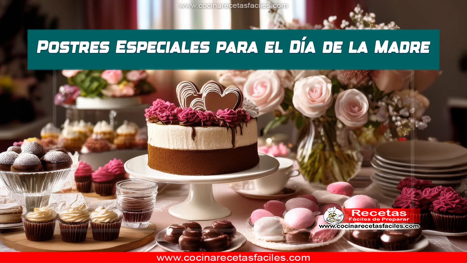 Mesa con postres caseros, incluyendo tarta, cupcakes de chocolate, galletas en forma de corazón y mousses, con un ramo de flores al fondo