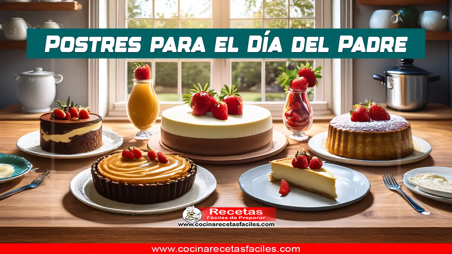 Postres para el Día del Padre: pastel de chocolate, flan de caramelo, cheesecake con frutos rojos y tarta de manzana dorada.
