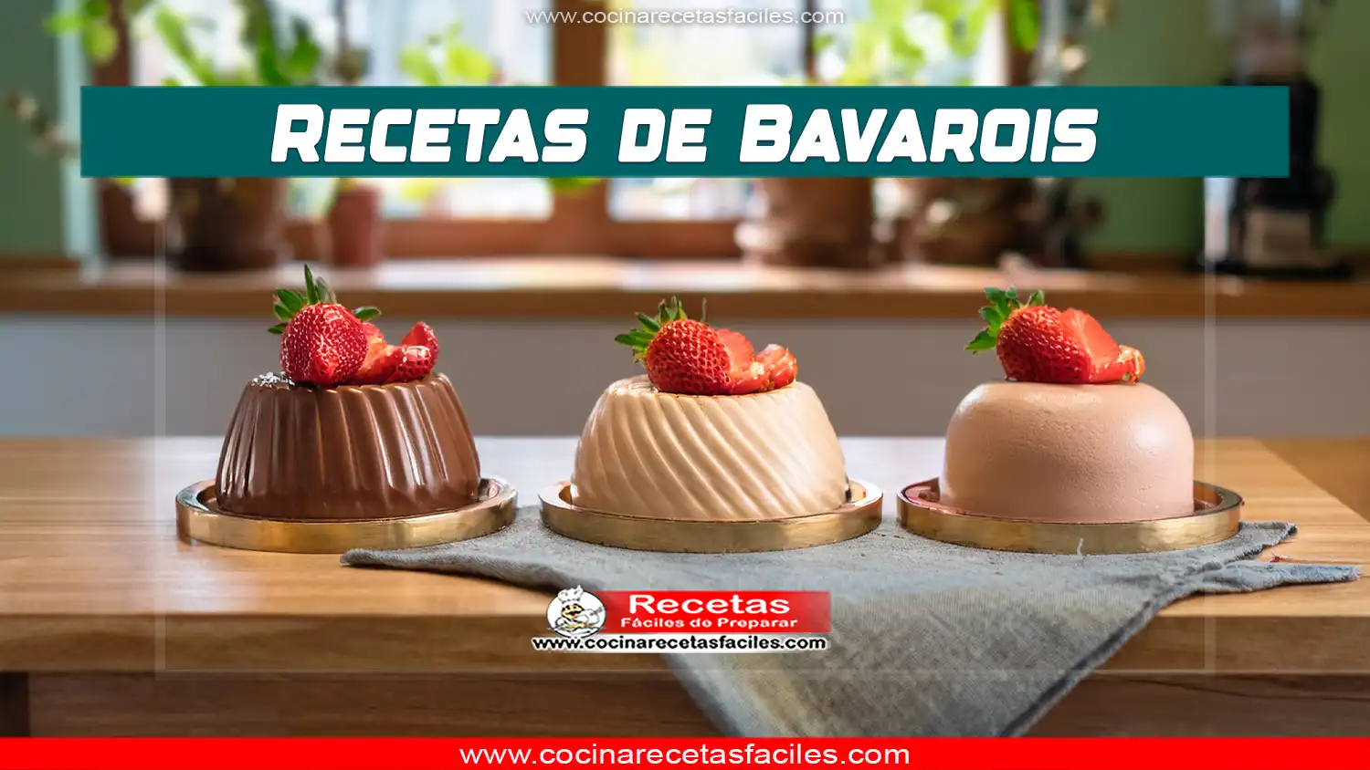 Varios Bavarois servidos en una mesa de madera, con sabores de chocolate, fresa y vainilla