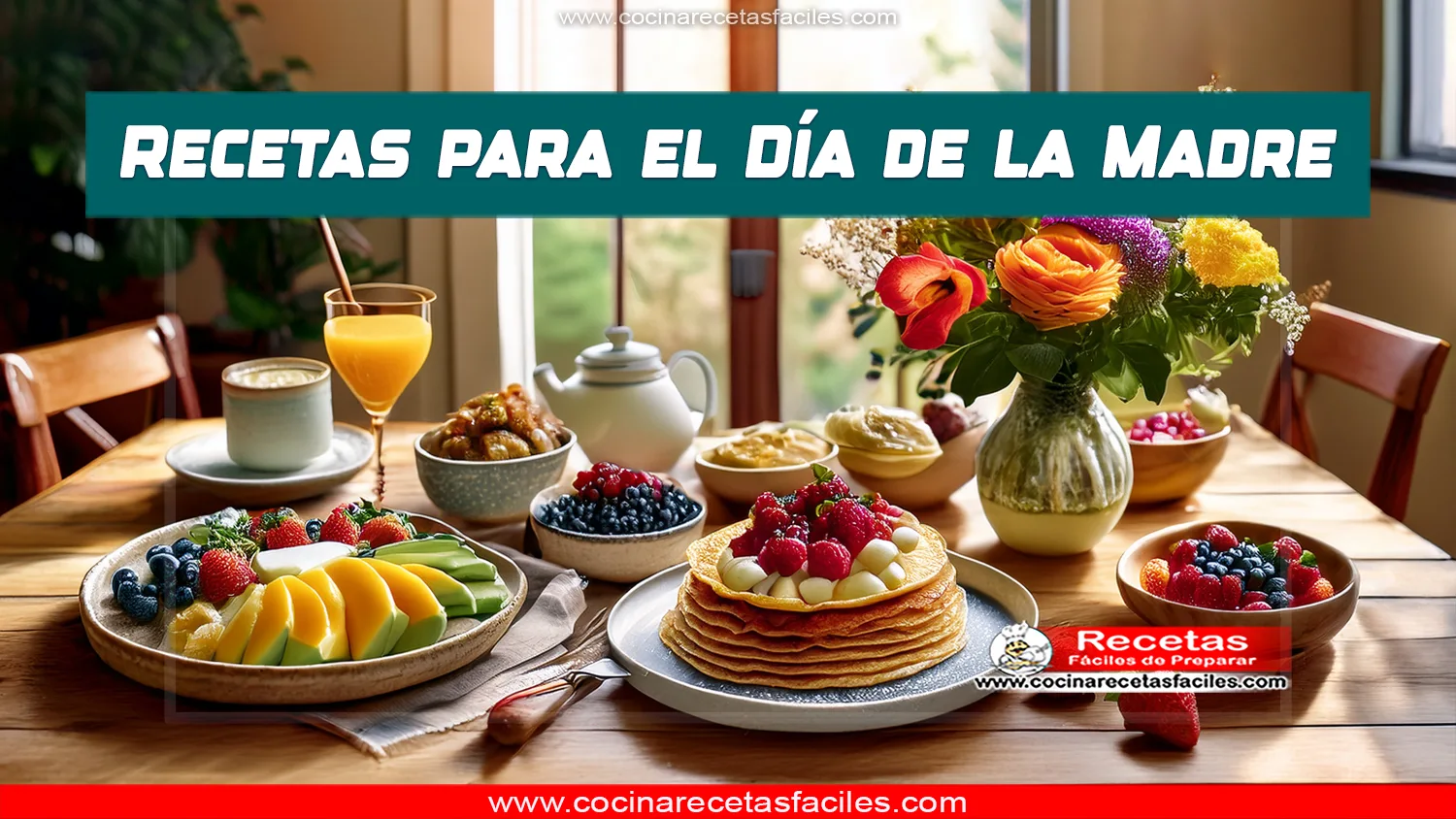 Mesa decorada para el Día de la Madre con panqueques, tarta de frutas, huevos revueltos y cóctel elegante.