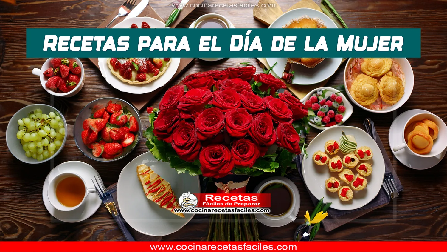 Mesa decorada para el Día de la Mujer con ramo de rosas rojas, muffins, pasta, tabla de quesos y frutas